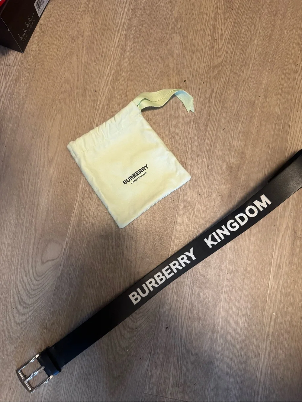 Burberry Black Leather Belt with White 'BURBERRY KINGDOM' Logo